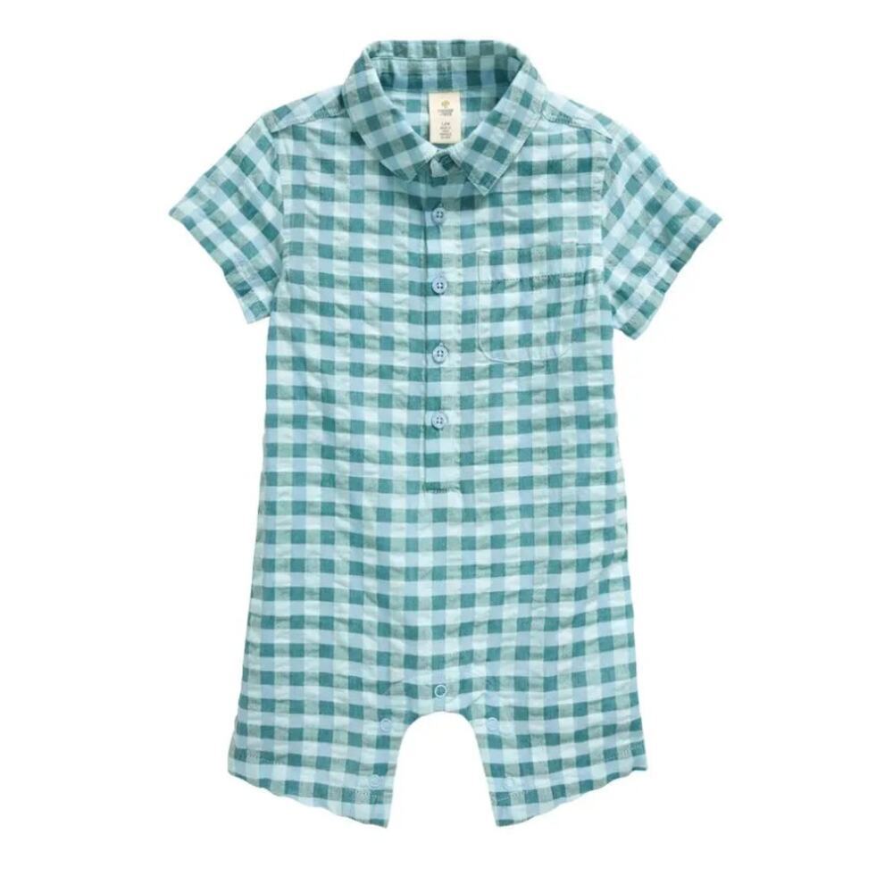 TUCKER + TATE Baby Blue Placid Playground Check Short Sleeve Romper Size 9M